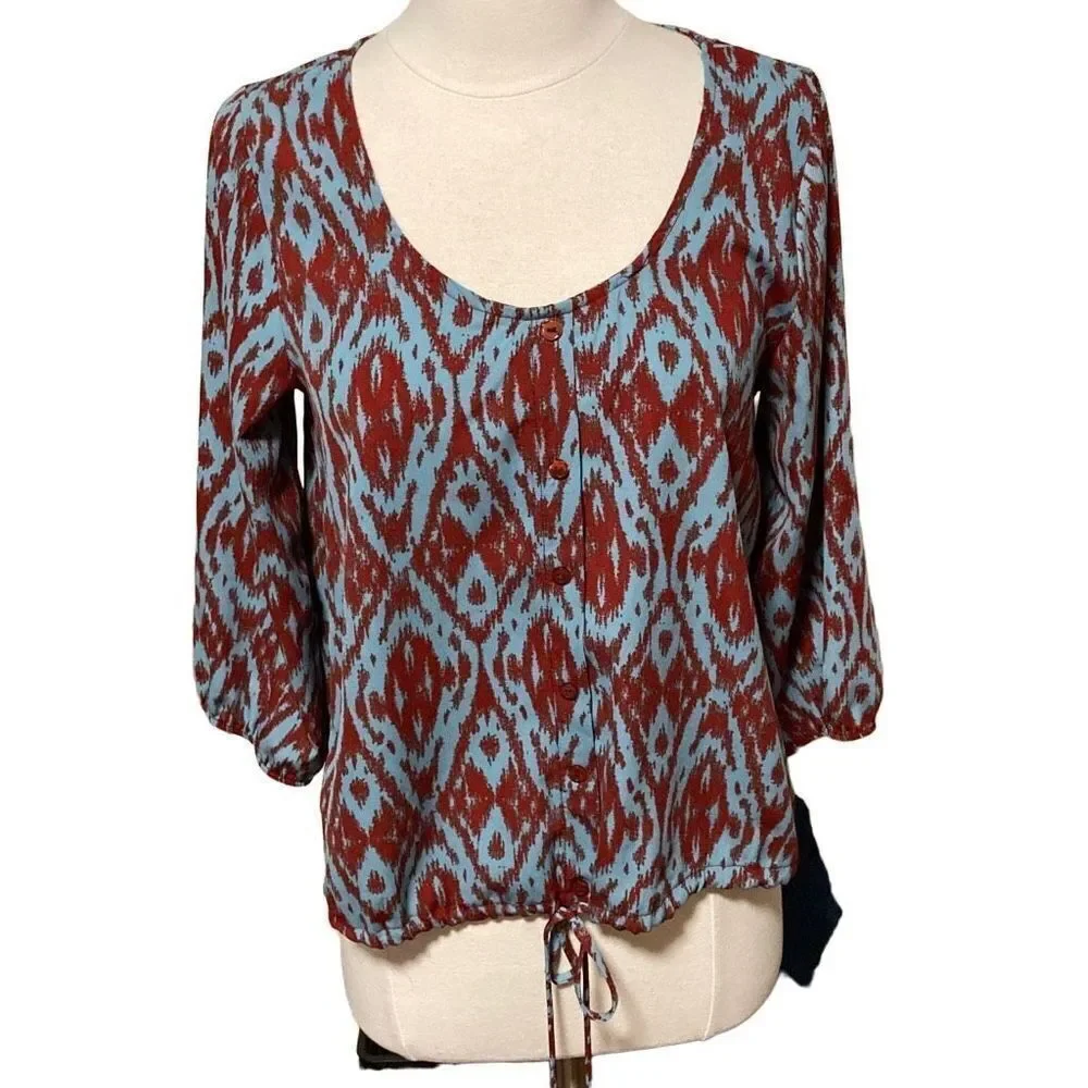 Daytrip Button 3/4 Sleeve Blouse w Drawstring Tie at Waist sz Small